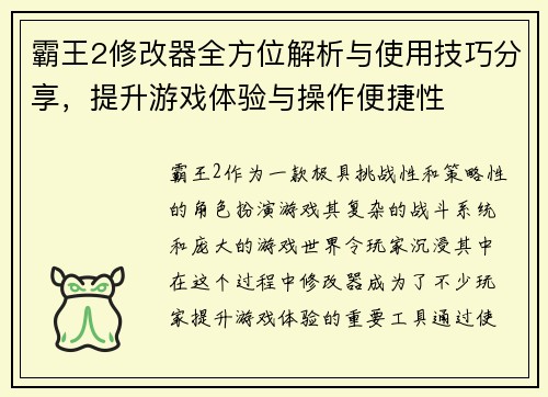 霸王2修改器全方位解析与使用技巧分享，提升游戏体验与操作便捷性